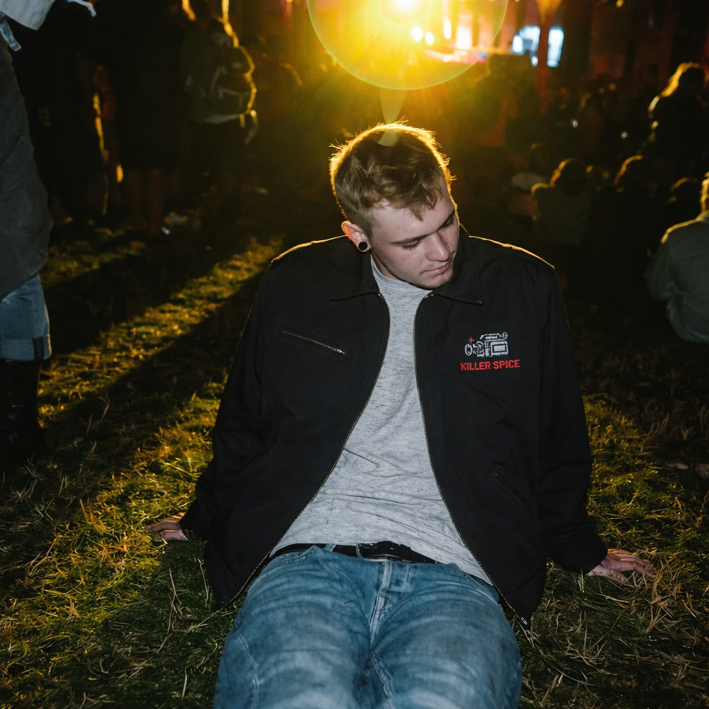 Person sitting on grass at night with a crowd in the background