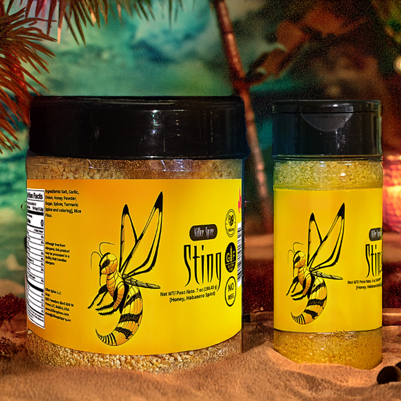 Two jars of Sting with a tropical background