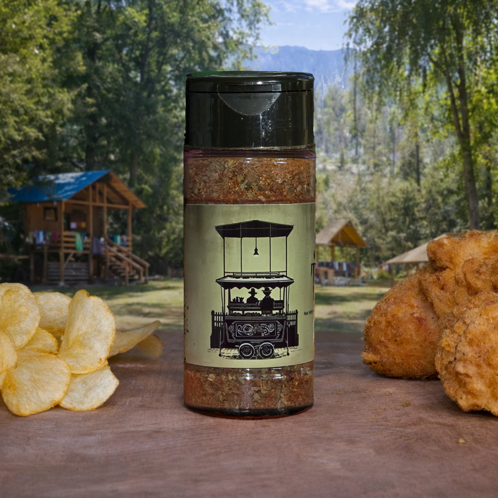 Spice jar with a scenic background of trees and a wooden cabin.