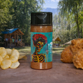 Spice jar with a colorful label featuring a skeleton in a flower headband, surrounded by chips and bread outdoors.