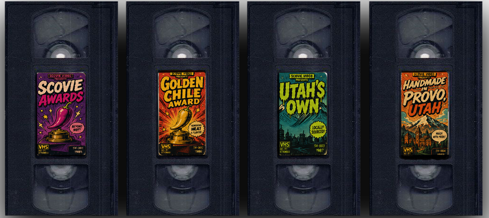 Four VHS tapes standing upright in a row, each with a colorful retro-style cover label. The labels read 'Scovie Awards,' 'Golden Chile Awards,' 'Utah's Own,' and 'Handmade Provo, Utah.